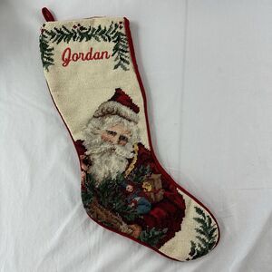 Vtg Needlepoint Christmas Stocking 19" Santa‎ Claus Red Velvet "Jordan" Rustic